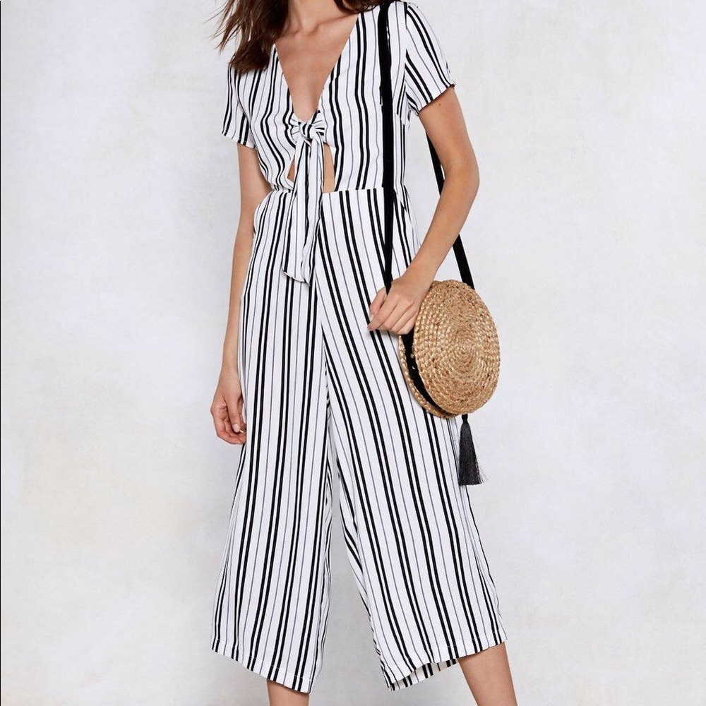 Nasty Gal White and Black Striped Romper Jumpsuit